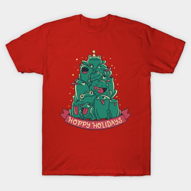 Funny Animal Christmas - Hoppy Holidays Frogs T-Shirt by aaronsartroom